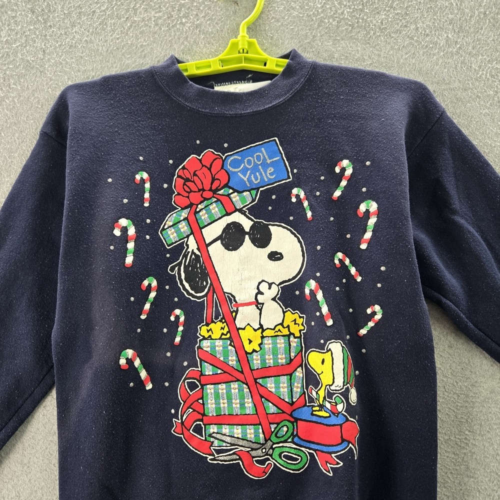 VINTAGE Peanuts Woman Sweatshirt L Blue Graphic Snoopy Woodstock Holiday 90s USA - Picture 4 of 9